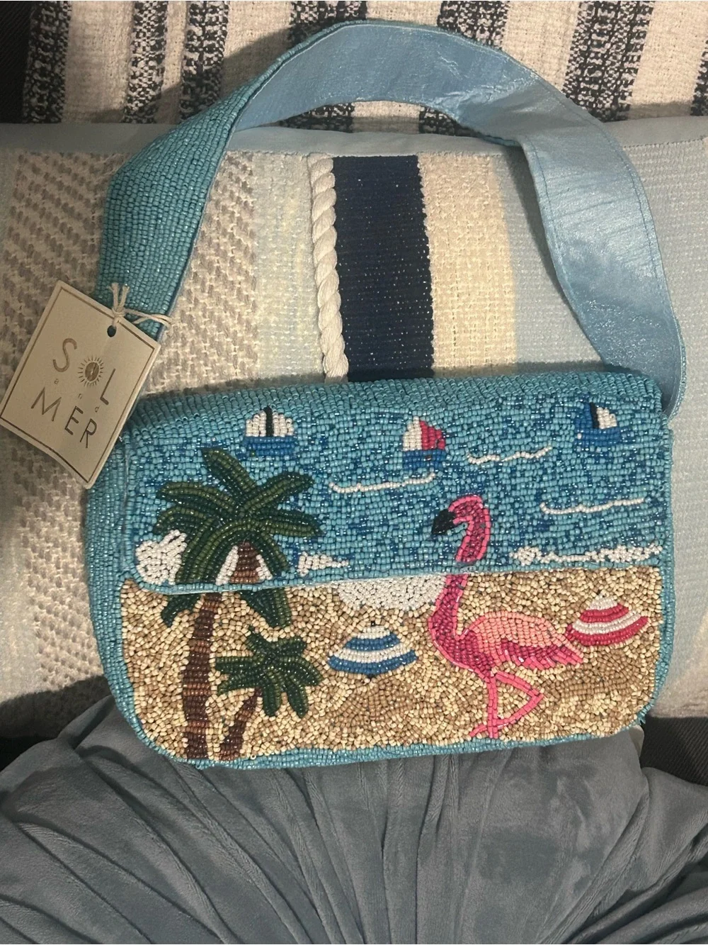 Viral Beaded Flamingo Beach Shoulder Bag in Aqua Blue